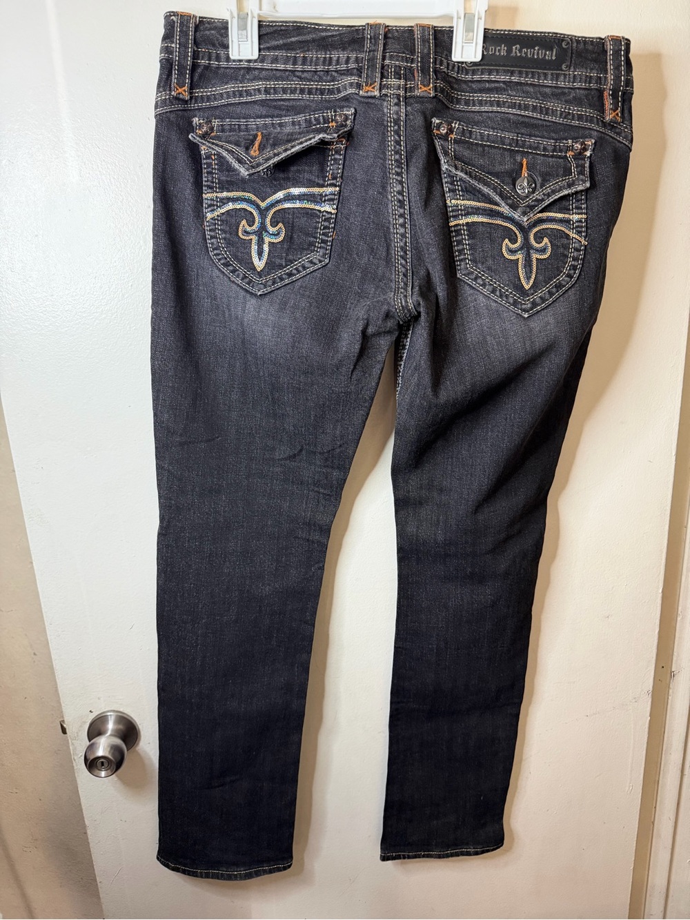 Rock Revival Straight Bootcut Dark Wash Jeans Fleur-de-Lis Flap Pocket